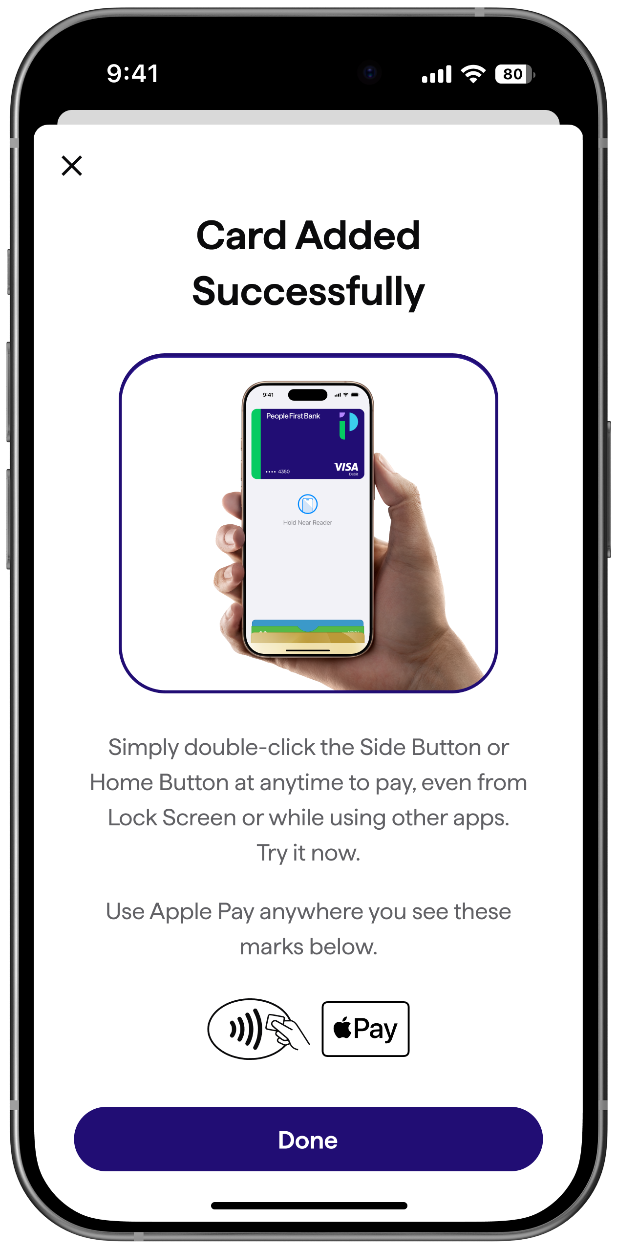 Apple iPhone screen displaying a People First Bank Visa Debit Card and the text 'Card Added Successfully' above it.