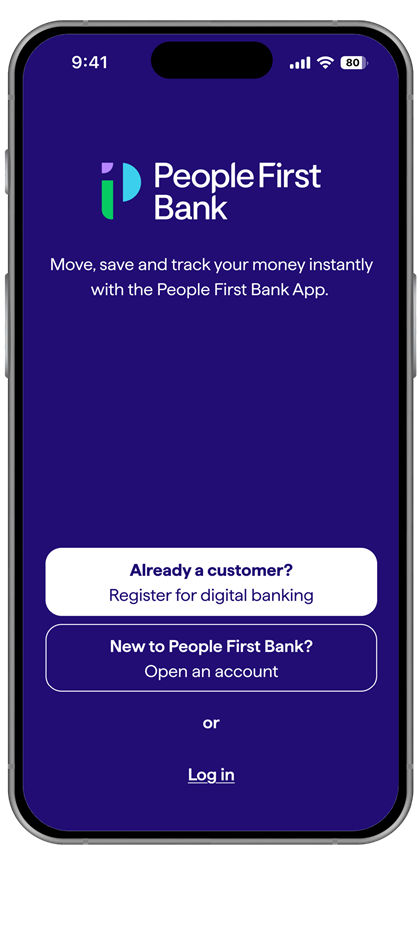 People First Bank mobile app welcome screen shown on a smartphone. The screen displays the People First Bank logo and the text ‘Move, save and track your money instantly with the People First Bank App’ on a dark purple background.