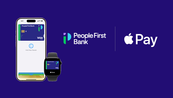 Graphic of a People First Bank card displayed on an iPhone and iWatch. 