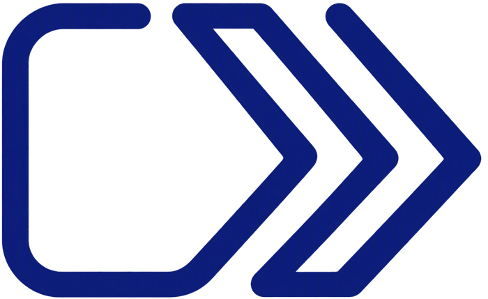 Dark blue icon showing an open rounded square on the left, followed by three bold right-facing chevrons, representing forward movement or digital payment.