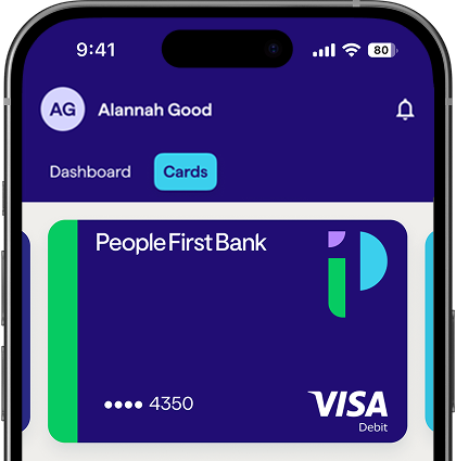 A smartphone screen displaying a banking app interface with a People First Bank Visa debit card shown digitally, tabs labelled Dashboard and Cards, and a button to add the card to Apple Wallet.