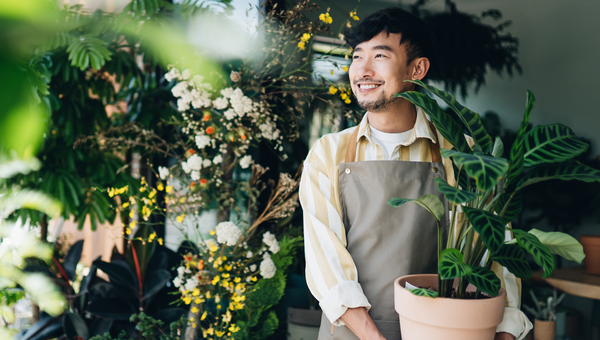 Man in an apron, holding a large plant and smiling. 