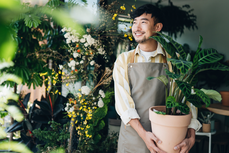 Man in an apron, holding a large plant and smiling. 