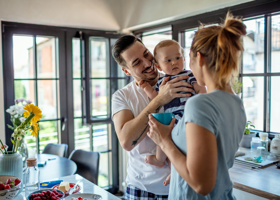 Family has breakfast in their kitchen