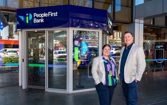 A People First Bank branch in Toowoomba outside image with two staff