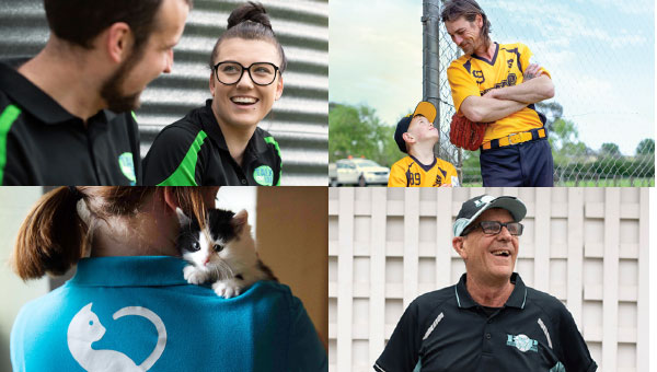 4 images together - 2 people chatting, father and son smiling at each other, woman holding a kitten, man smiling