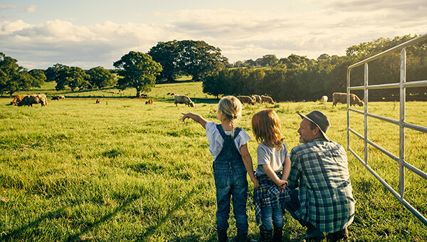 A farmer crouched by his two kids as they look over a sunny, cow-dotted paddock.