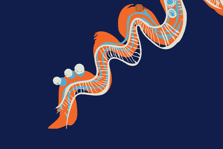 An abstract painting of a snake-like squiggle accented with dots and lines.