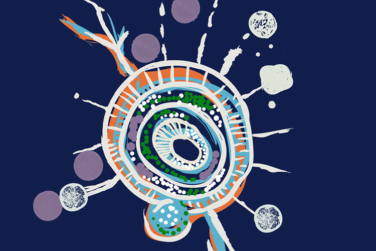 An abstract painting of a circle with various sized dots exploding out from its centre.