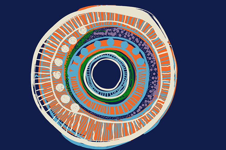 An abstract painting of a circle with various concentric circles within it made of lines and dots.